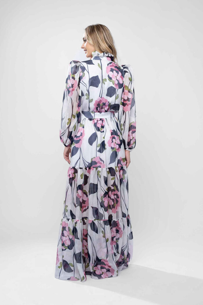 Rochie lunga cu guler inalt si imprimeu floral pictural - imagine 4