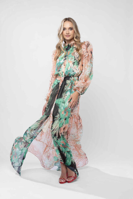Rochie lunga din voal cu imprimeu tropical
