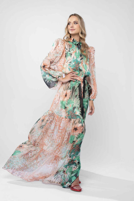 Rochie lunga din voal cu imprimeu tropical - imagine 2