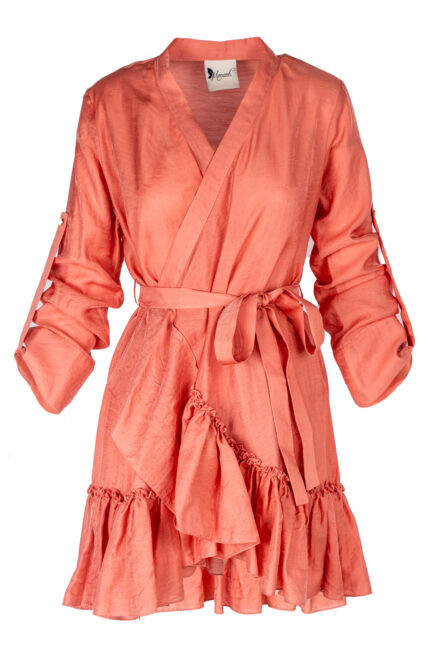 Rochie petrecuta cu mansete late si volan Sunset Orange