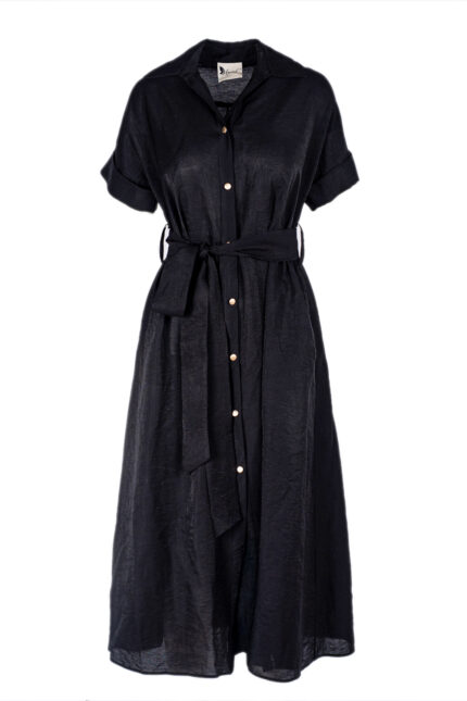 Rochie camasa midi Selene cu buzunare si cordon Black