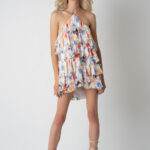 Rochie mini plisata cu volane si imprimeu floral pictural