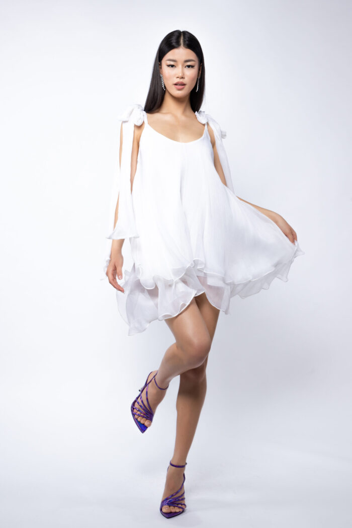 Rochie mini din matase cu esarfe White - imagine 3