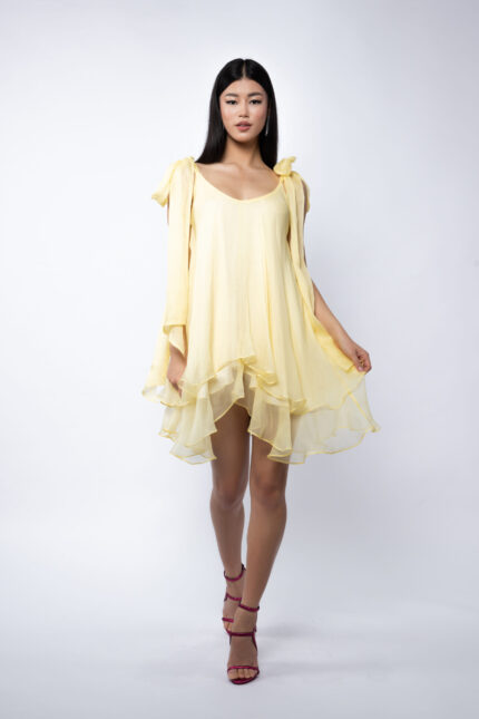 Rochie mini din matase cu esarfe Yellow