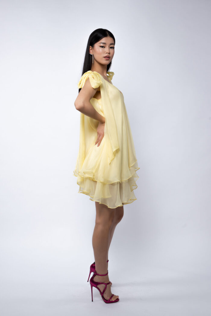 Rochie mini din matase cu esarfe Yellow - imagine 2