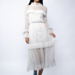 Rochie midi din voal de matase peliculizata cu volane delicate