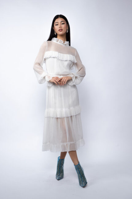 Rochie midi din voal de matase peliculizata cu volane delicate - imagine 2