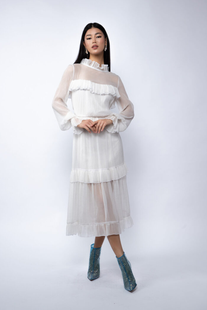 Rochie midi din voal de matase peliculizata cu volane delicate - imagine 2