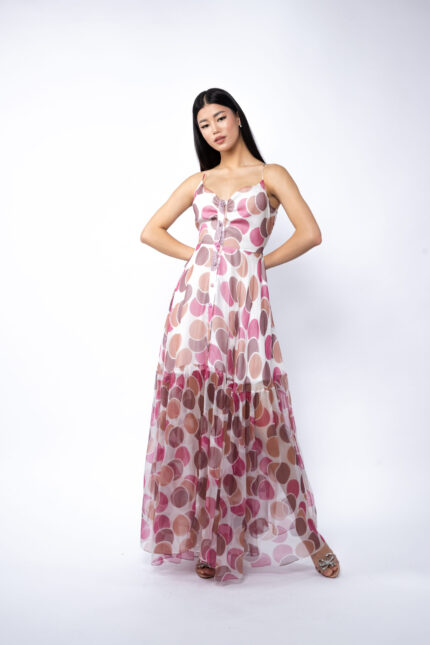 Rochie lunga din matase cu bretele si imprimeu cu buline Pink - imagine 2