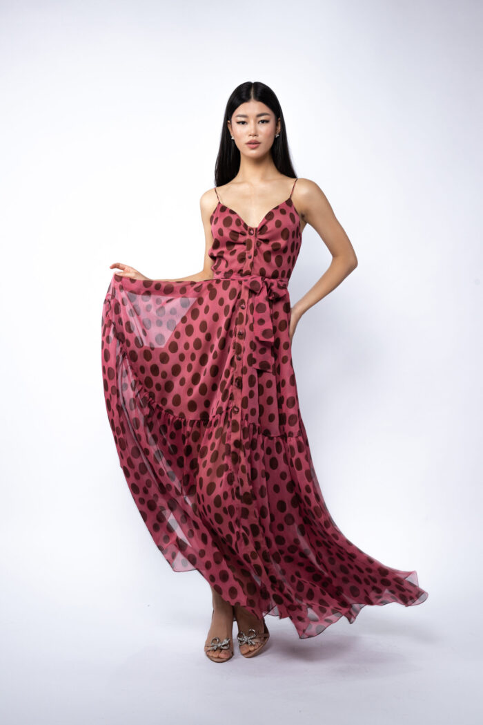 Rochie lunga din matase cu bretele si imprimeu cu buline - imagine 4