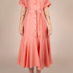 Rochie camasa midi cu volan si cordon Burnt Orange