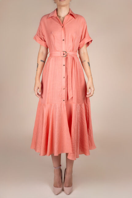 Rochie camasa midi cu volan si cordon Burnt Orange