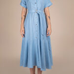 Rochie camasa midi cu volan si cordon Blue