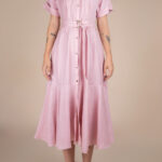 Rochie camasa midi cu volan si cordon Pink