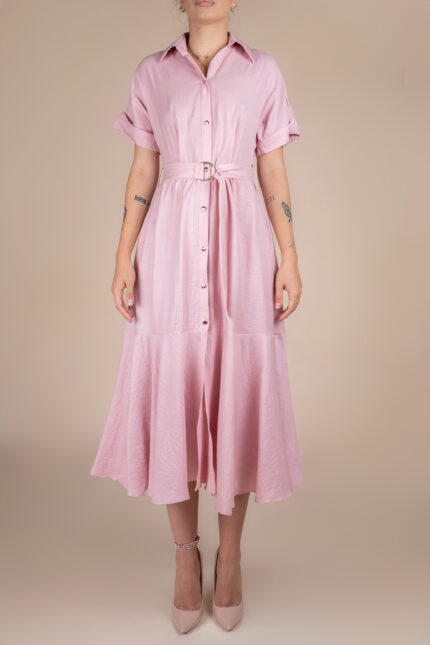 Rochie camasa midi cu volan si cordon Pink