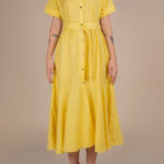 Rochie camasa midi cu volan si cordon Yellow