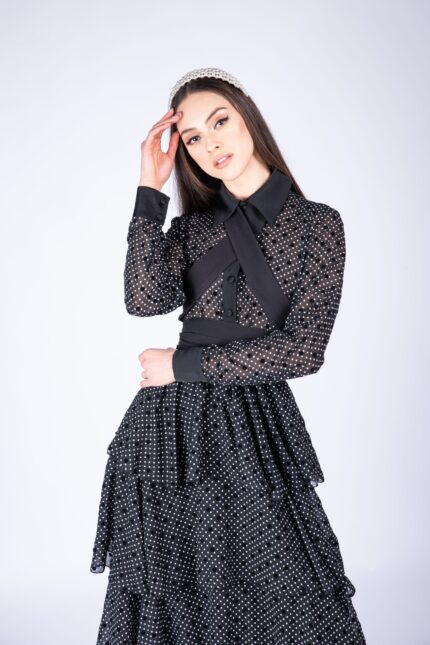 Rochie lunga cu volane ample si imprimeu polka dots - imagine 2