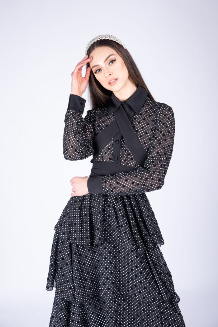 Rochie lunga cu volane ample si imprimeu polka dots - imagine 2