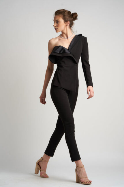 Salopeta asimetrica cu detalii satinate din matase - imagine 3