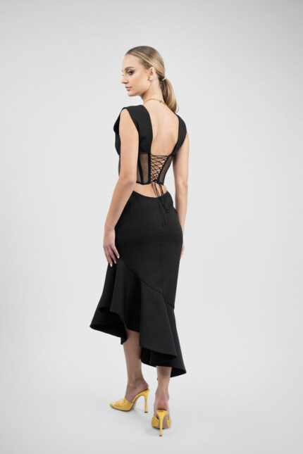 Rochie midi neagra cu corset transparent si fusta asimetrica - imagine 2