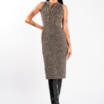 Rochie midi cambrata din tweed cappuccino