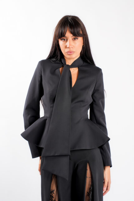 Sacou cu esarfe si talie structurata Black - imagine 3