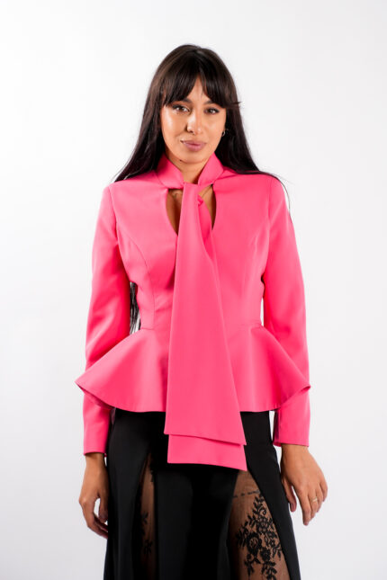 Sacou cu esarfe si talie structurata Pink