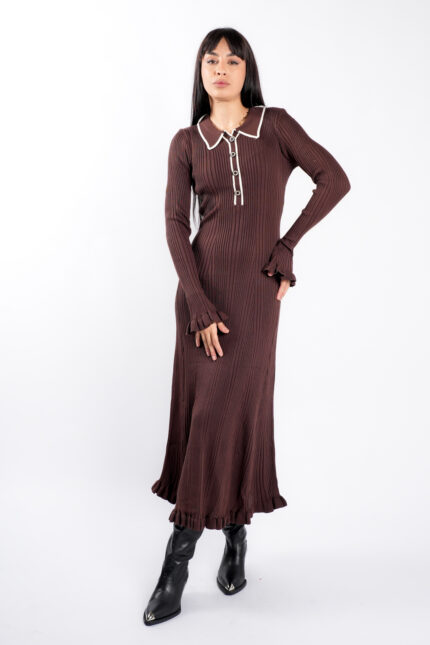 Rochie midi Brown cu guler contrastant