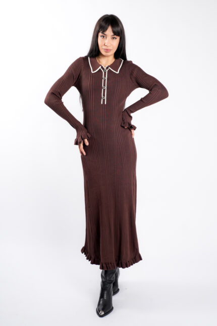 Rochie midi Brown cu guler contrastant - imagine 3