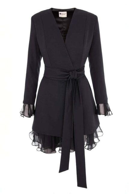 Rochie sacou cu volane din matase cu cordon - imagine 2