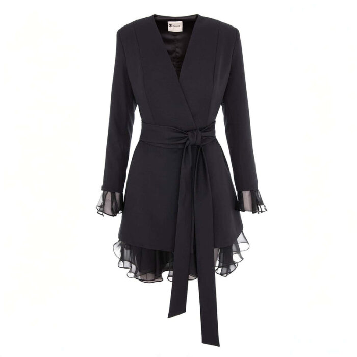 Rochie sacou cu volane din matase cu cordon - imagine 2