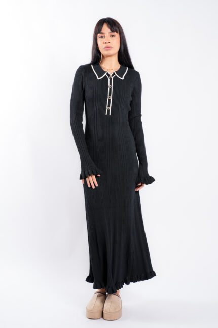 Rochie midi Black cu guler contrastant