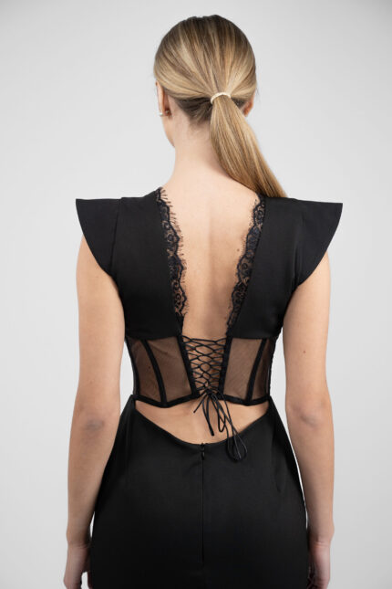 Rochie midi neagra cu corset transparent si slit - imagine 4