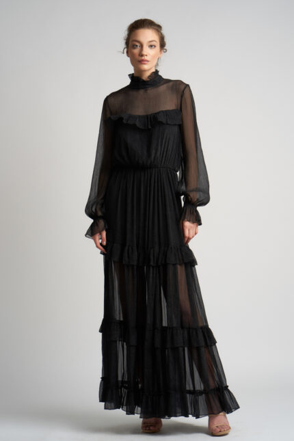 Rochie lunga  cu volane  si guler inalt - imagine 3