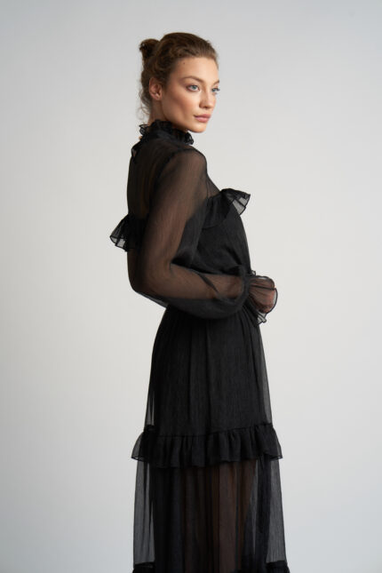 Rochie lunga  cu volane  si guler inalt - imagine 2