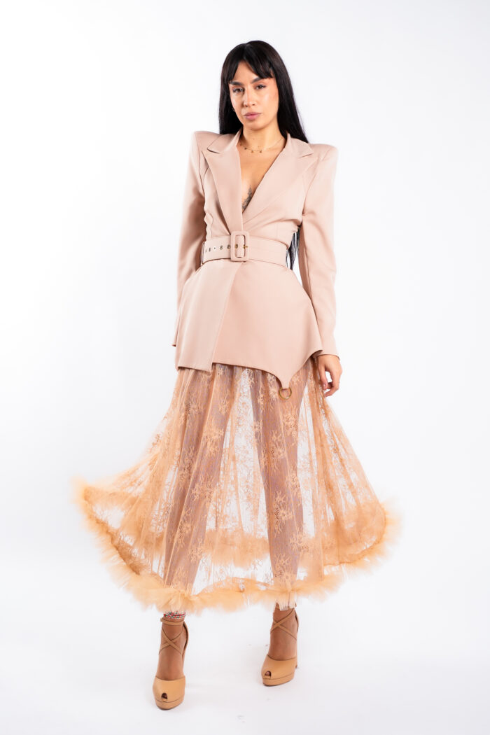 Fusta midi din dantela cu volan din tull - imagine 2