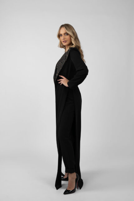 Sacou lung negru cu slituri laterale - imagine 2