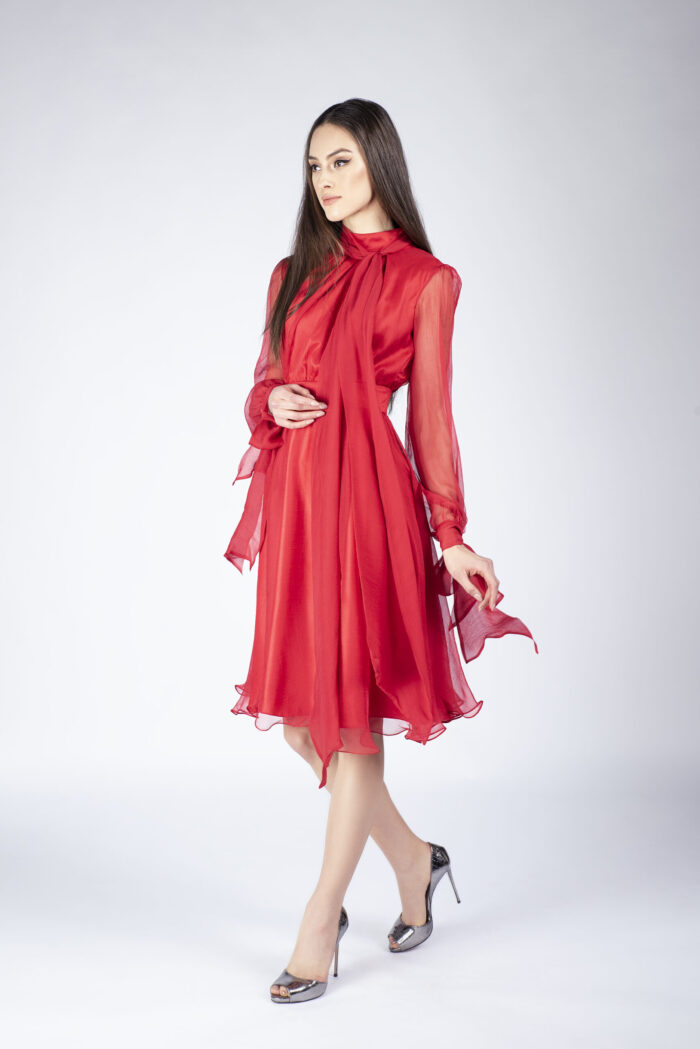 Rochie midi din voal de matase cu esarfe - imagine 2