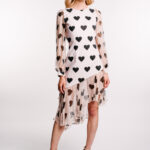 Rochie asimetrica din in cu volan si maneci din matase