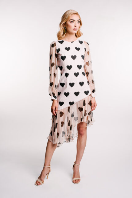 Rochie asimetrica din in cu volan si maneci din matase