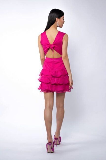 Rochie Pixie de Mătase fără Mânecă cu Volan și Spate Peekaboo Fuchsia - imagine 2