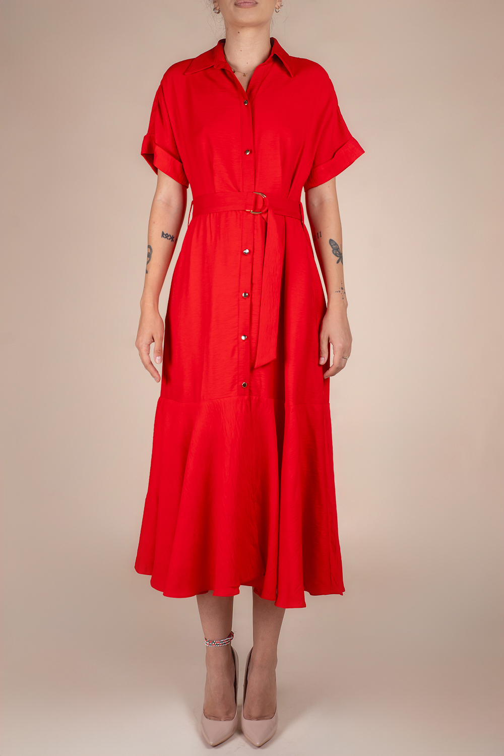 rochie-midi-in Rochie camasa midi cu volan si cordon Red - imagine 1