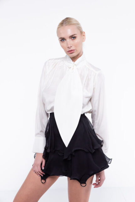 Camasa alba din shantung de matase cu esarfa oversized